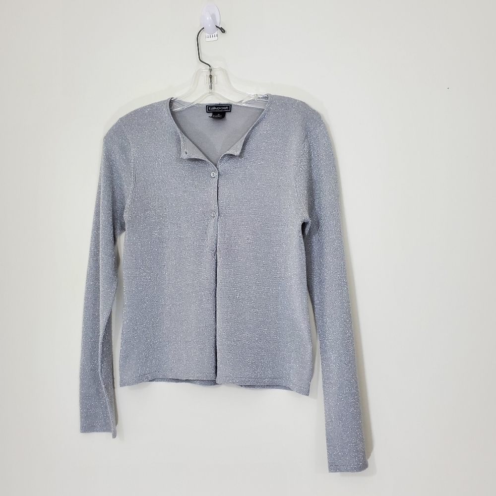 Take-Out Silver Cardigan Sweater, Size Medium